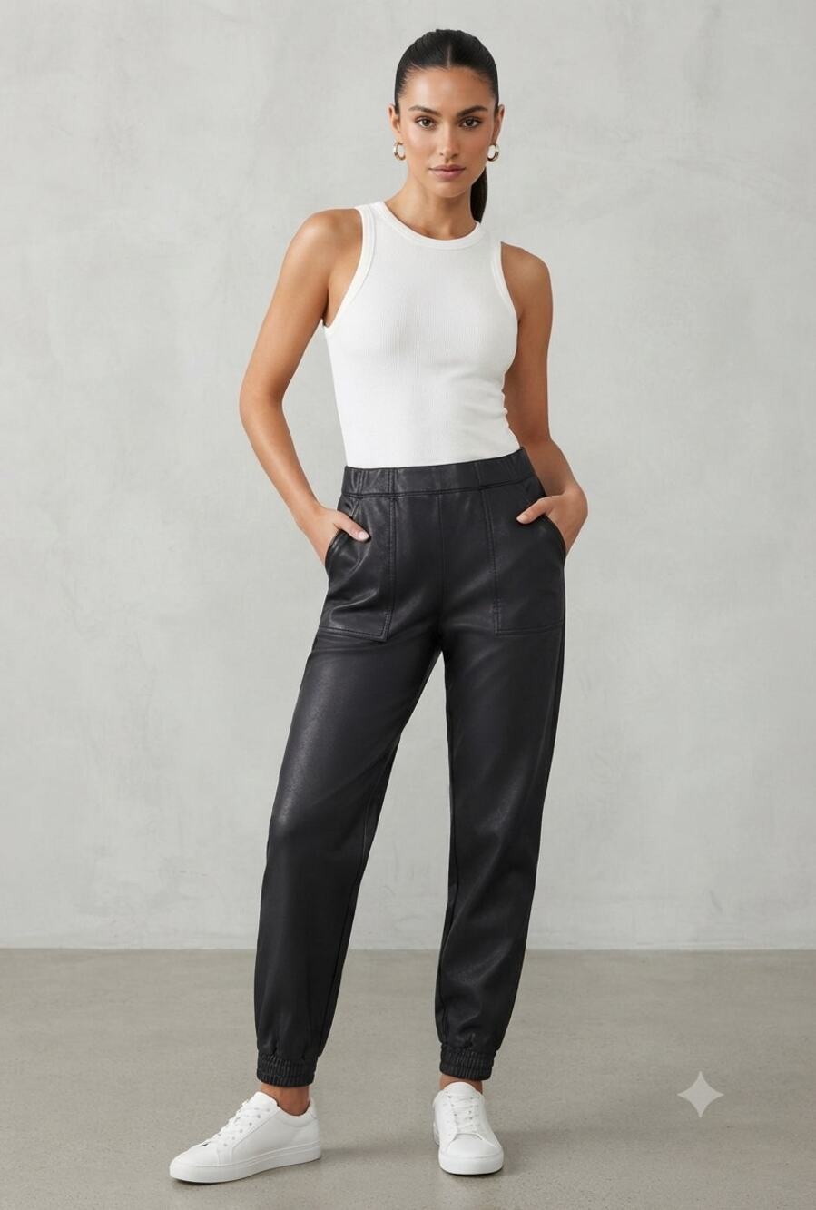 SPANX Faux Leather Joggers Black Vegan Utility Pockets High Rise Cuffed M